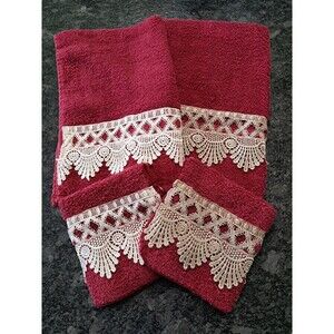Vintage Burgundy Hand Towels & Washcloths (2 Each) with Cream Lace